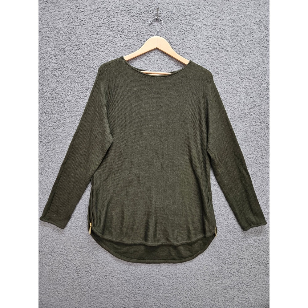 Michael Kors Sweater Medium Olive Green Gold Side Zippers High Low Pullover